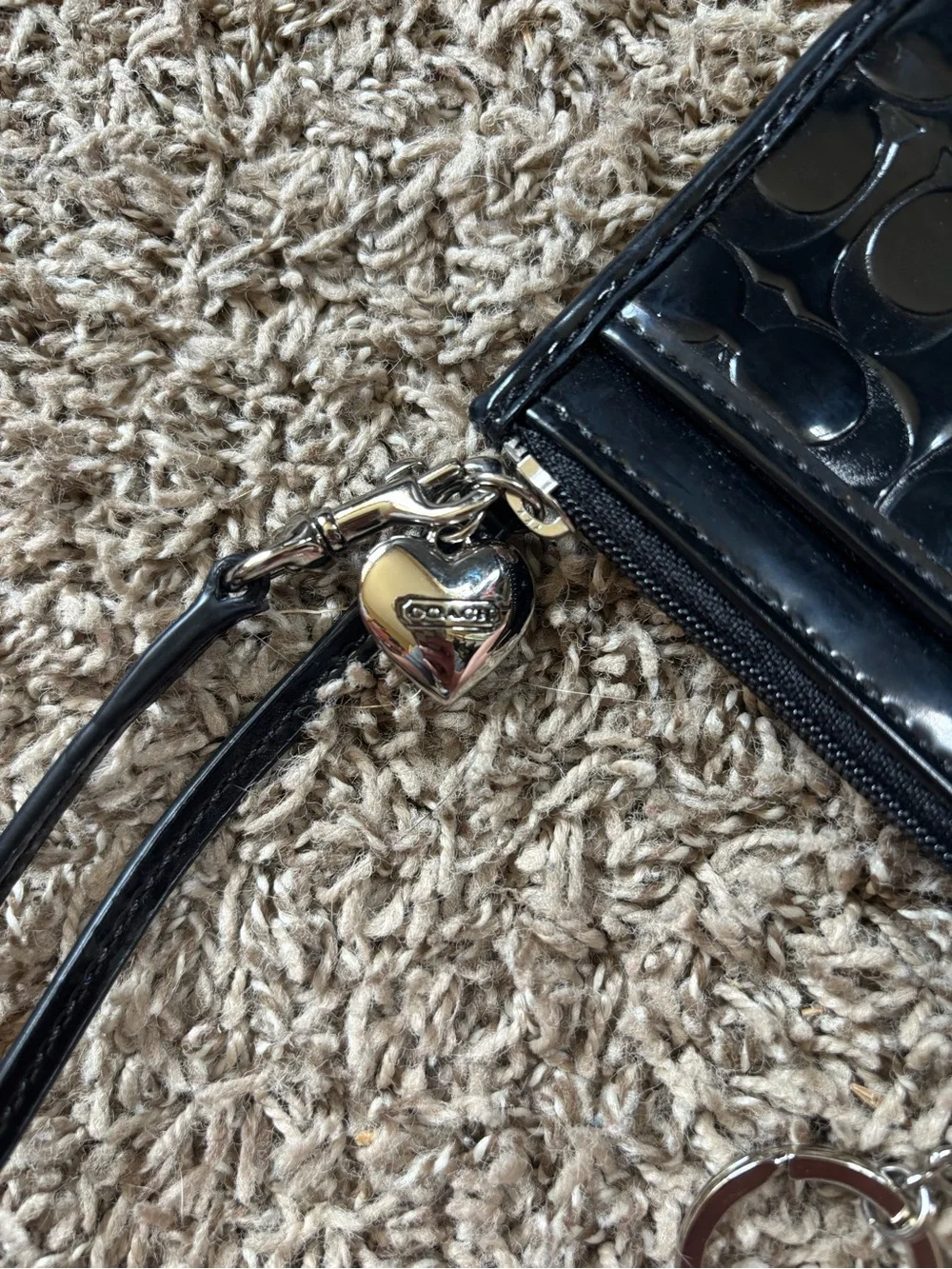 Coach Black Patent Logo Wristlet Card Case with Key Ring